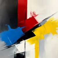 Abstract artwork featuring bold colors like blue, red, yellow, and black with dynamic brush strokes.