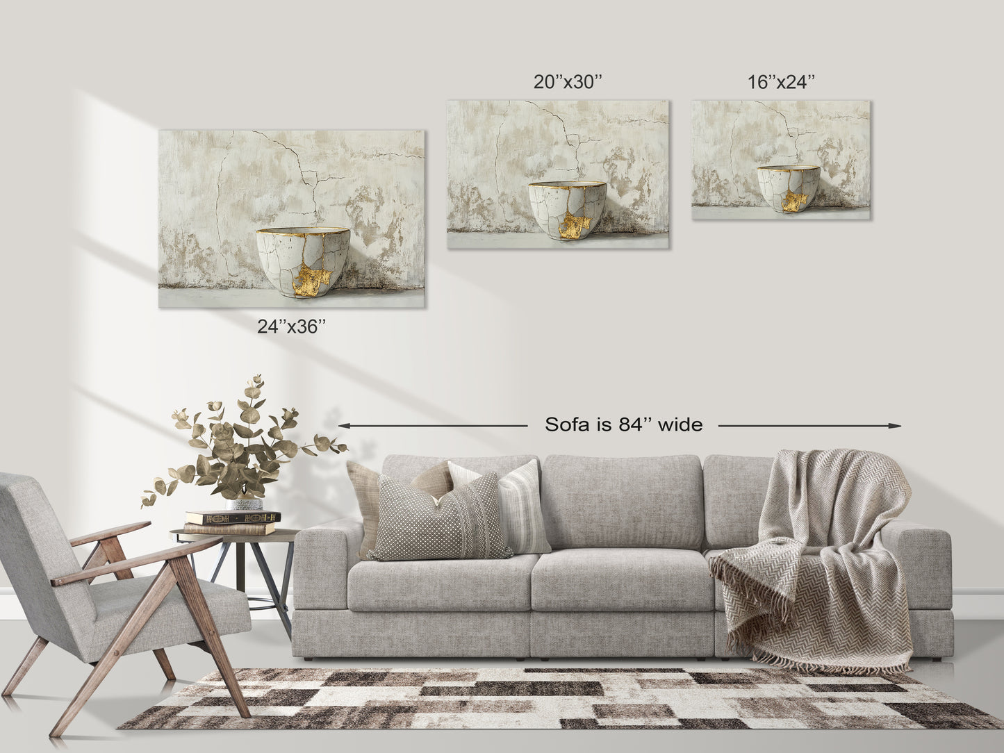 Kintsugi-inspired bowl artwork displayed above a modern sofa, showcasing sizes and adding elegance to home decor.