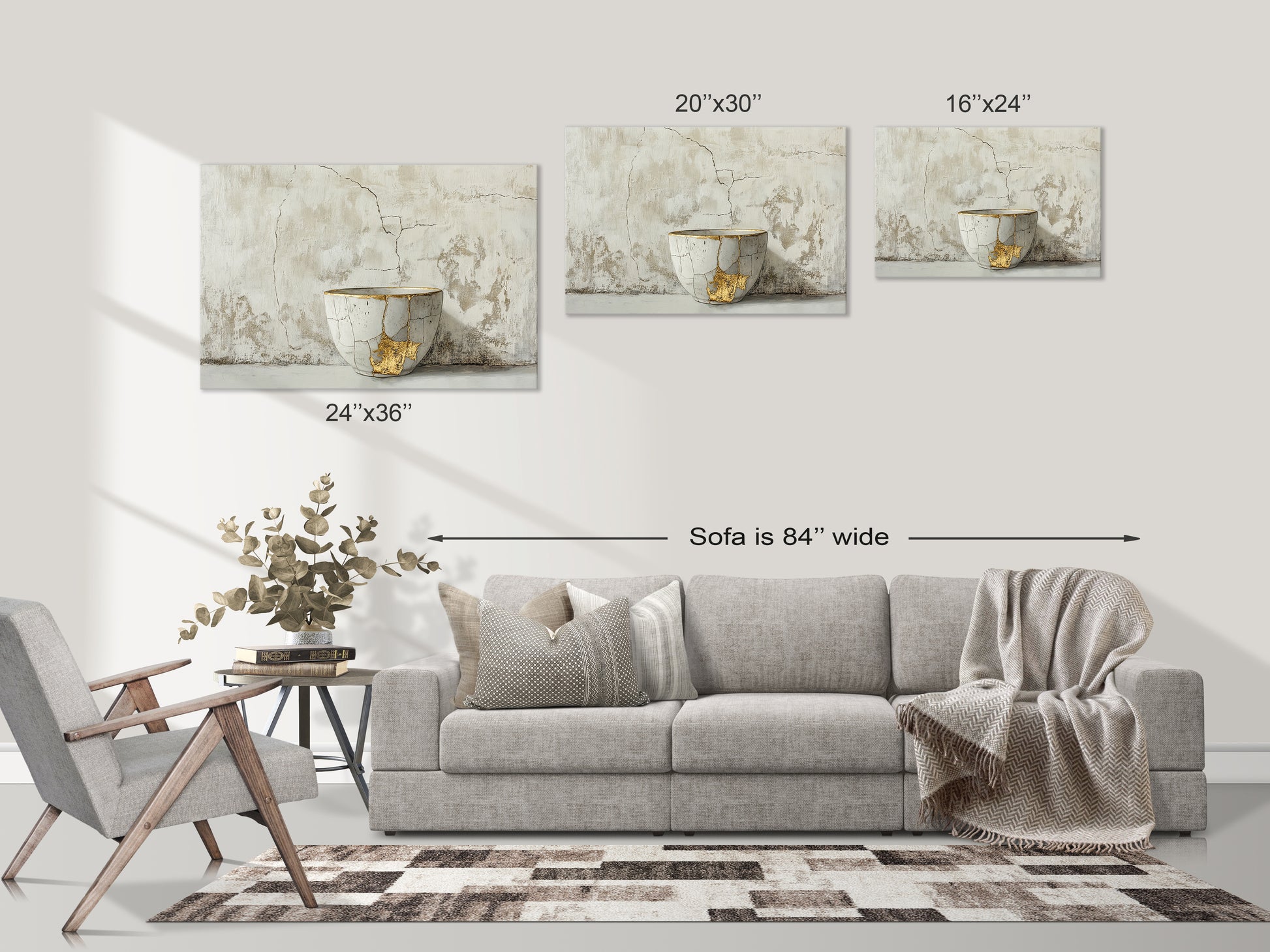 Kintsugi-inspired bowl artwork displayed above a modern sofa, showcasing sizes and adding elegance to home decor.