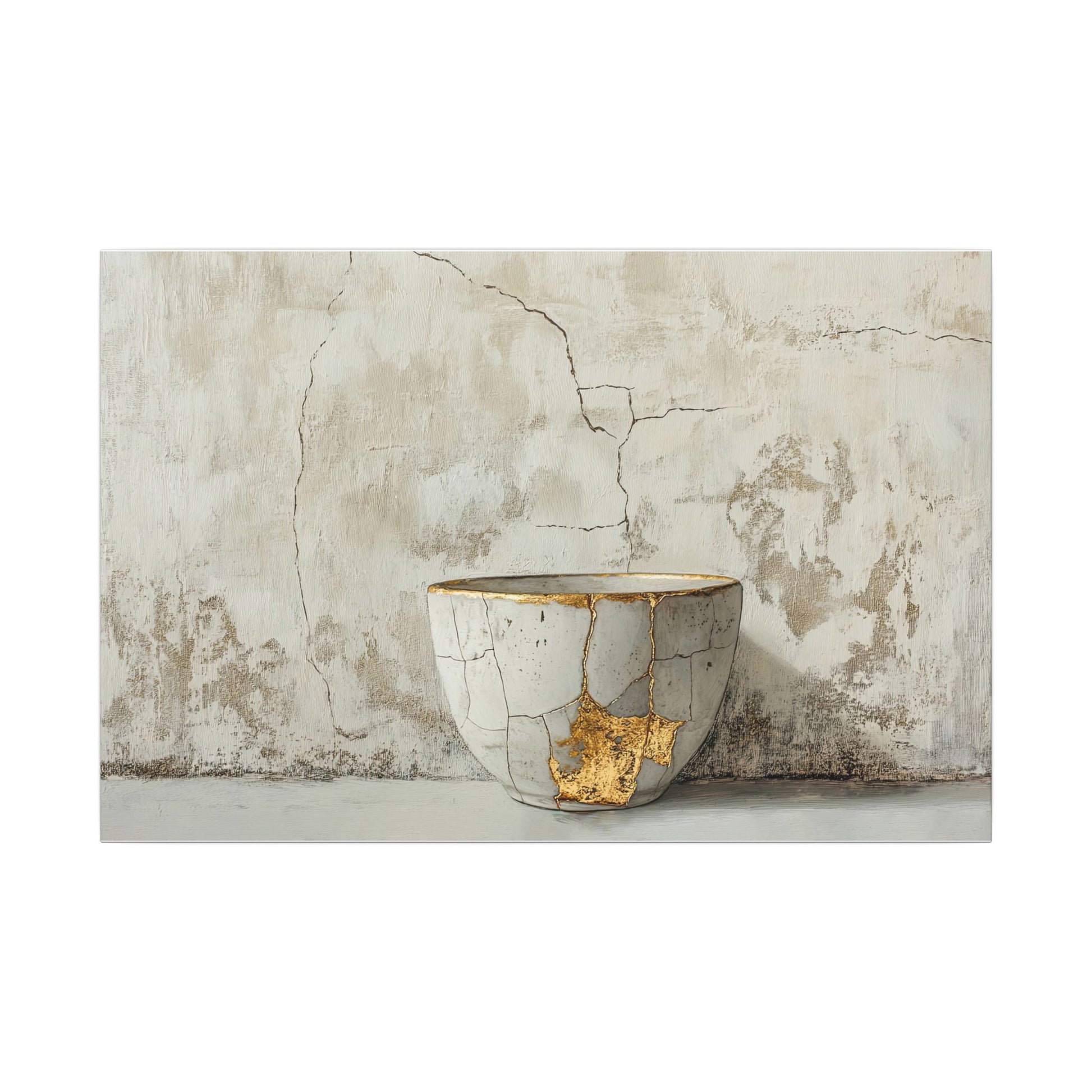 Kintsugi-inspired bowl featuring gold repairs against a textured background, symbolizing beauty in imperfection.