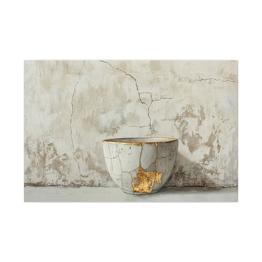 Kintsugi-inspired bowl featuring gold repairs against a textured background, symbolizing beauty in imperfection.